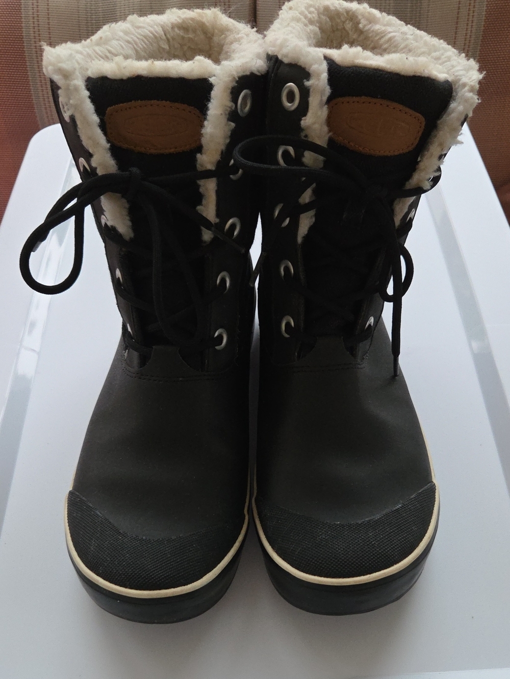 Keen Black Winter Lace-Up Boots with Cream Sherpa Trim